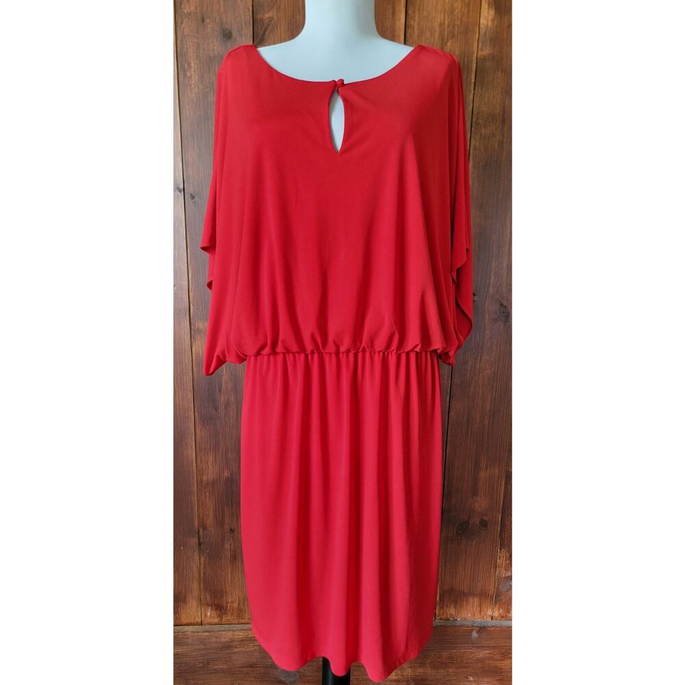 Coldwater Creek Women 14 Red Knee-Length Flutter Sleeve Dress Keyhole Neck Sleek